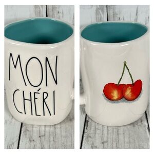 Rae Dunn By Magenta Mon Cheri Ceramic  Mug Double Sided Cherries Teal Interior